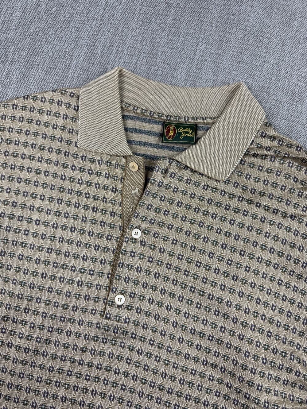 Bobby Jones Polo Shirt Mens Large Beige Geometric Print 100% Cotton Italy